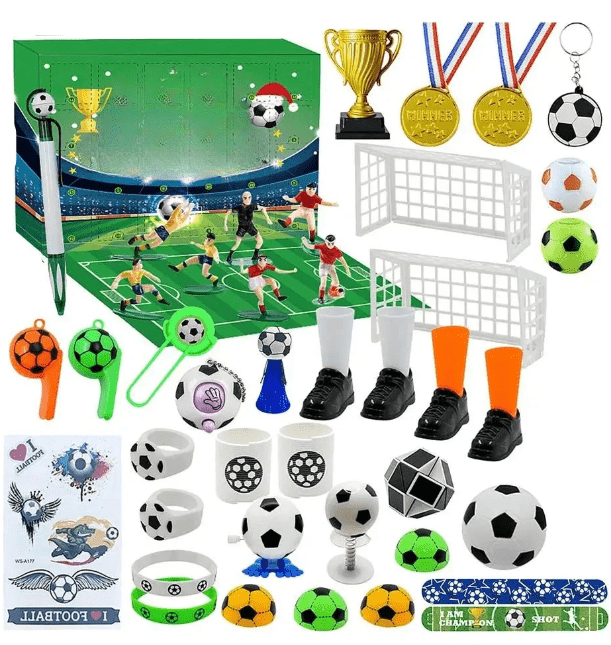 Sport-Erlebnis Fußball-Countdownbox: 24 Tage Mini-Fußball-Spielzeug & Accessoires